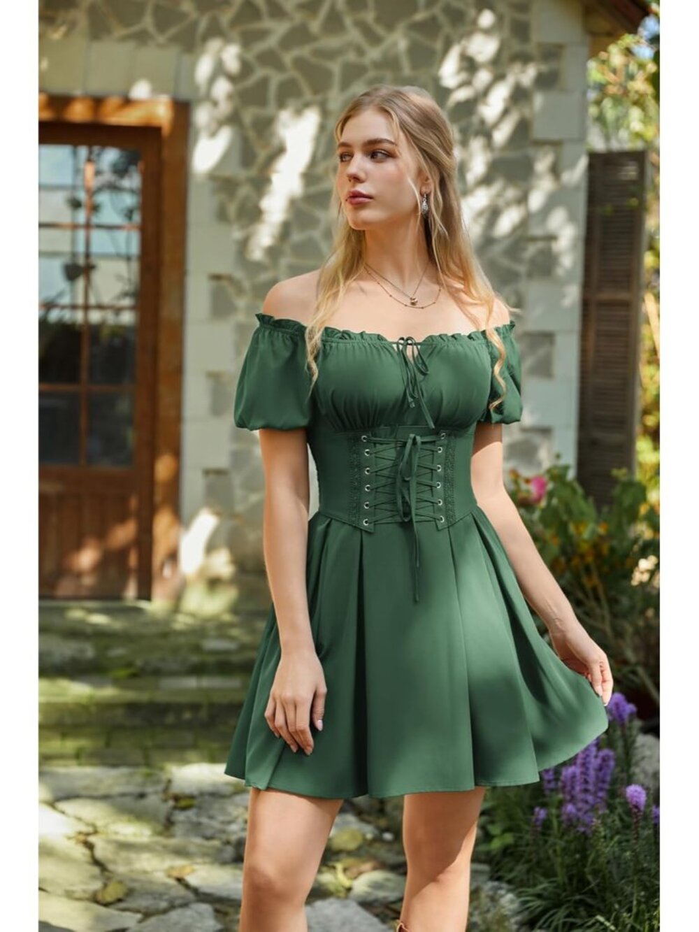 Women's Olive Renaissance Costume Corset Dress Mini Off Shoulder Fairy Dresses - Picture 2 of 6